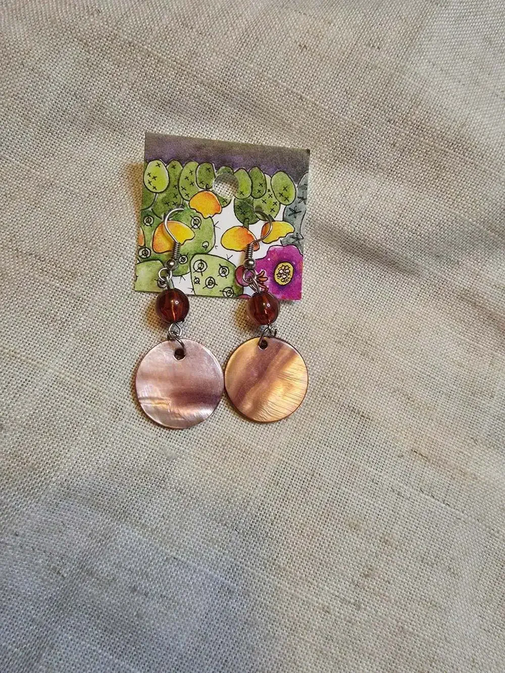 Handmade Iridescent Shell and Brown Bead Dangle Earrings beach vibes boho